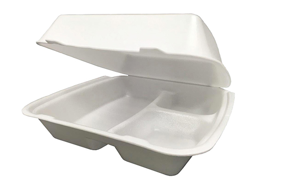 3 compartment foam takeout container. Non-vented. Hinged with two open tabs