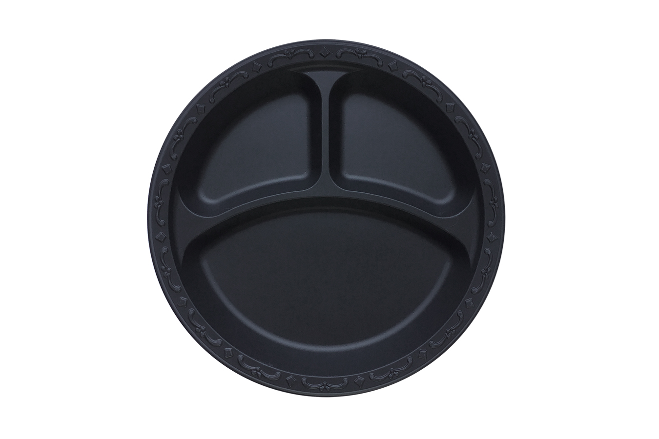 Black Polypropylene PP Plastic round 9 inches pebble box plate with 3 compartments