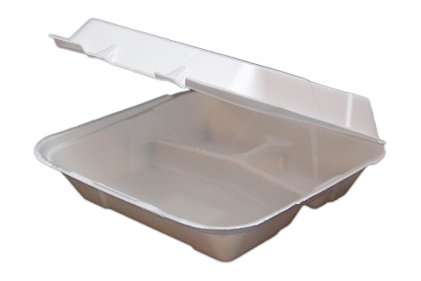 9 inches Regal brand white vented hinged foam takeout disposable container with 3 compartments