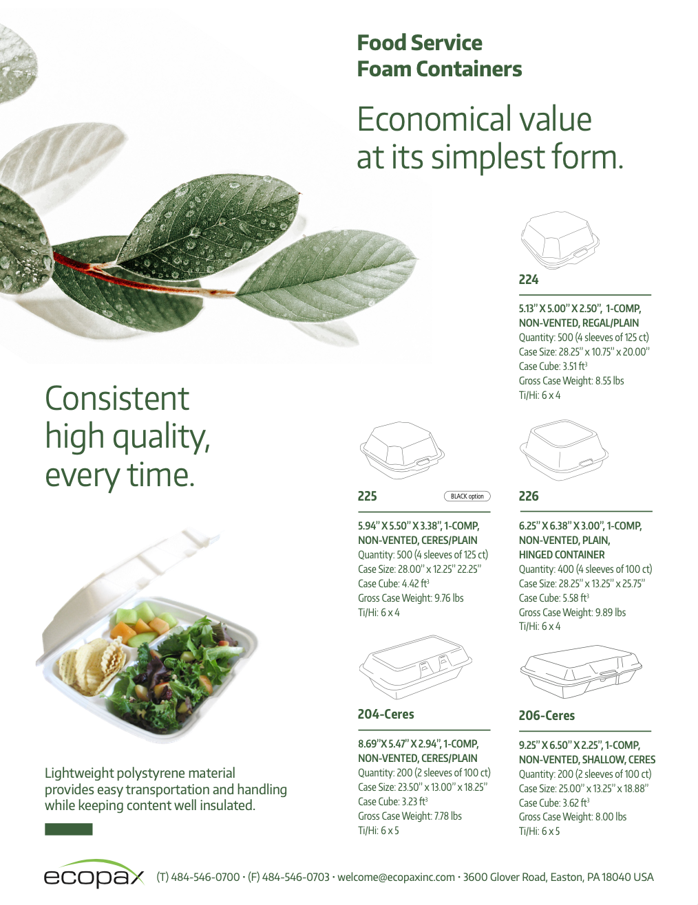 Ecopax foam container product sales sheet featuring products in line art illutration format with green leaves and a sample of foam container with salade and chips inside