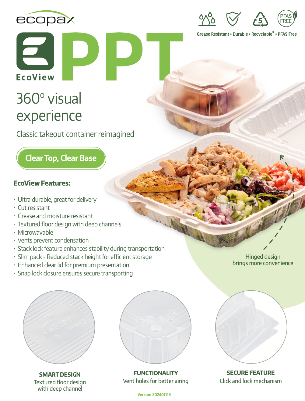 Ecopax Sales Sheet for EcoView PPT premium takeout hinged full transparent container 