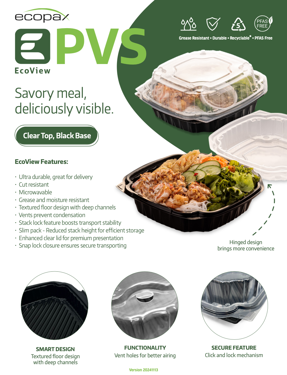 Ecopax Sales Sheet for EcoView PVS premium takeout hinged container with transparent cover