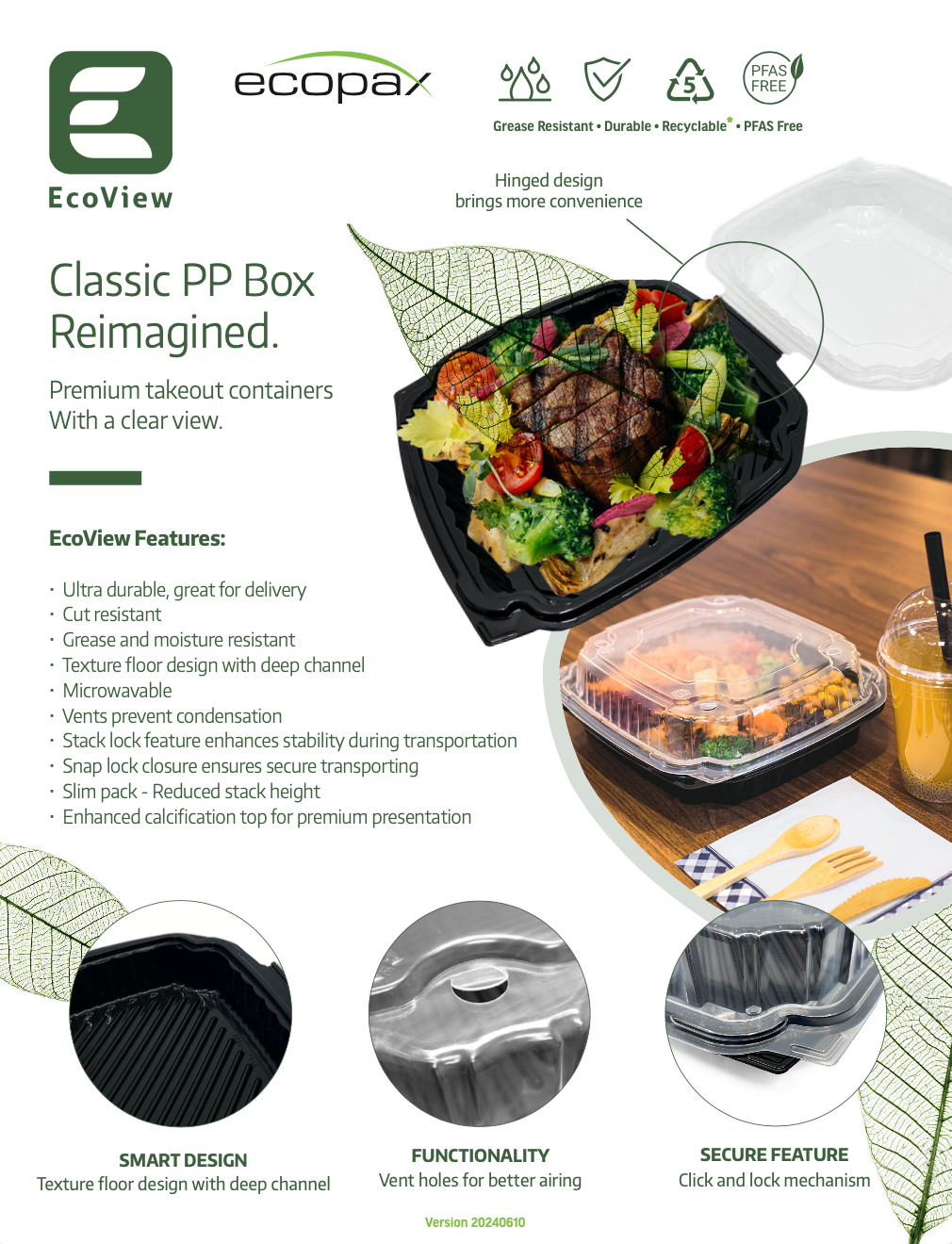 Ecopax Sales Sheet for EcoView premium takeout hinged container with transparent cover