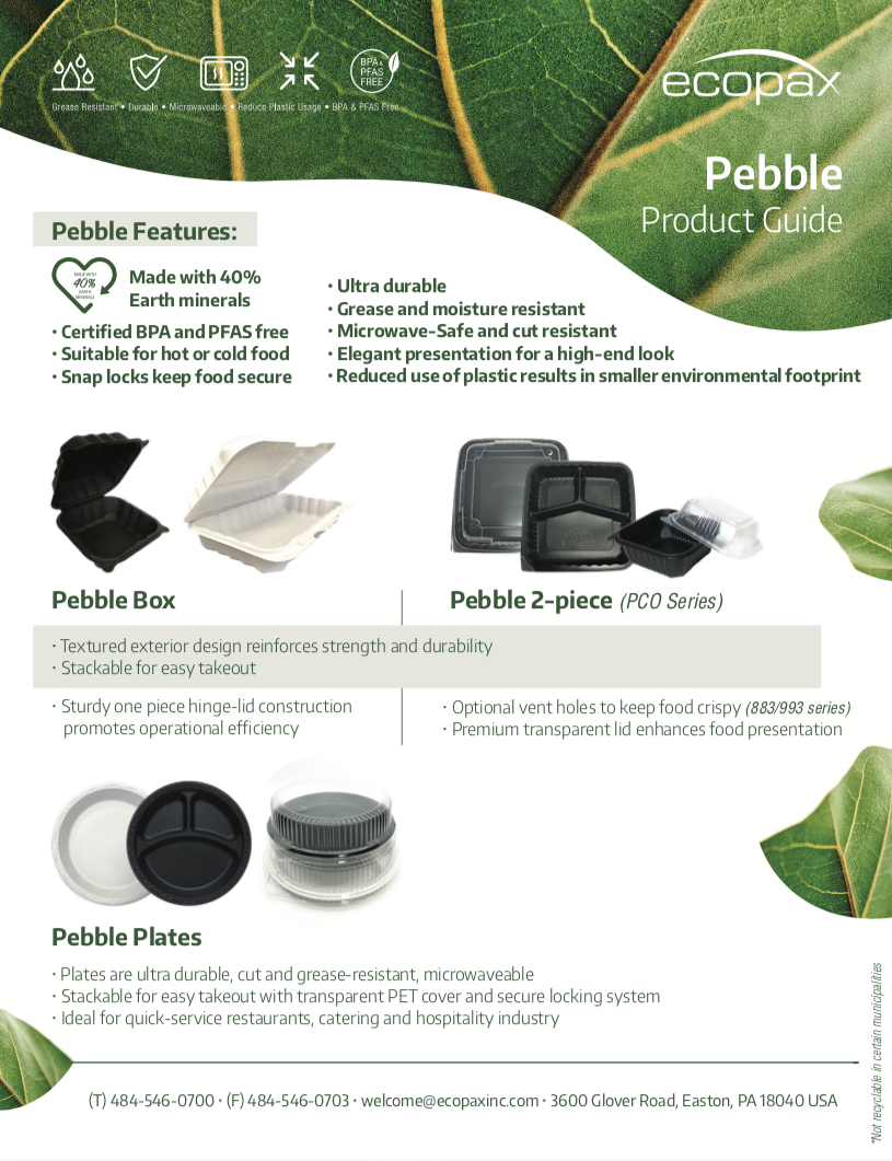 A product guide flyer consists of Pebble product series from Ecopax Inc. 