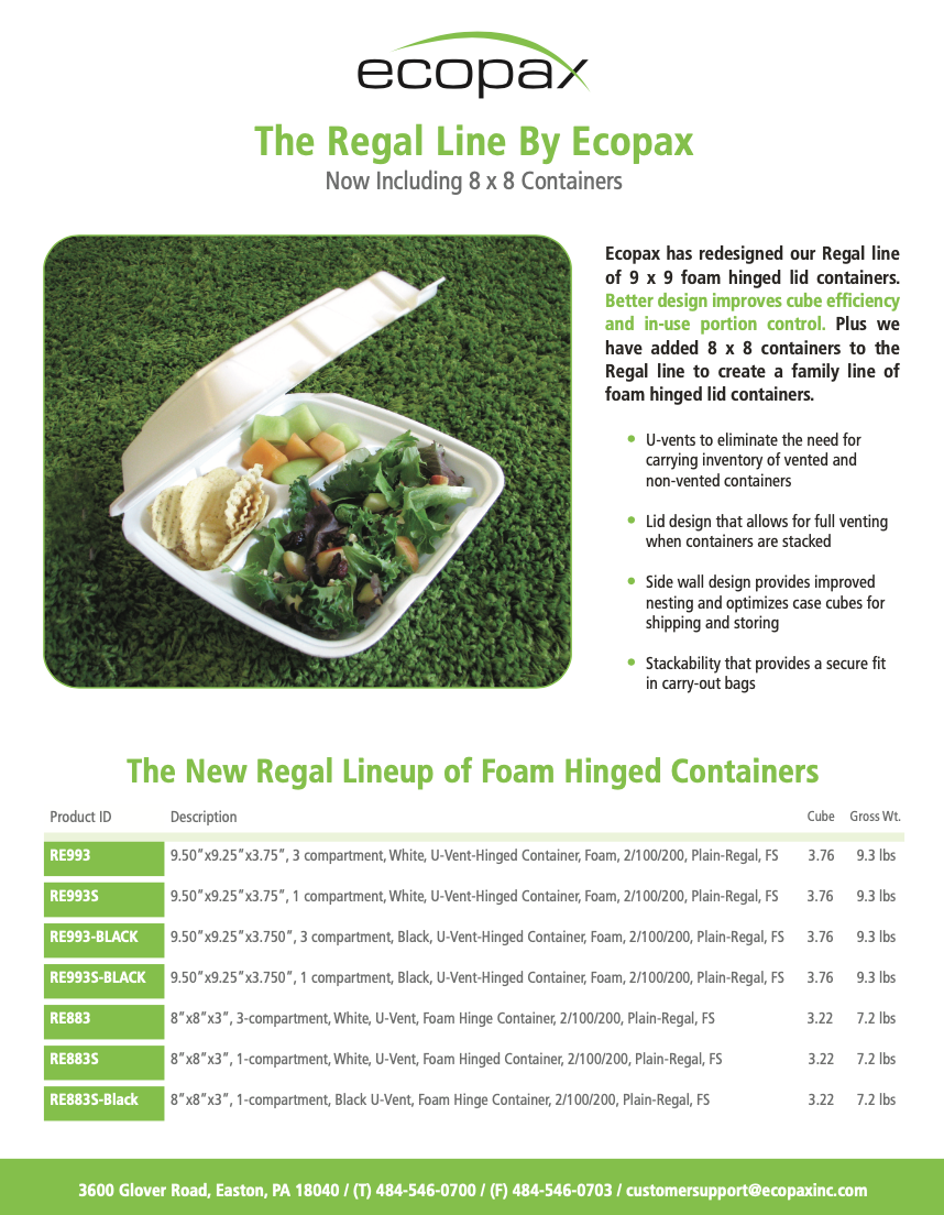 Ecopax product sale sheet featuring Regal Foam disposable takeout container with 3 compartments with salade on green IKEA carpet
