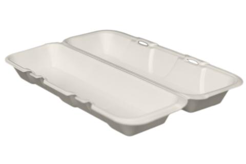 Regal brand white non-vented hinged foam takeout disposable hoagie container for hot dog