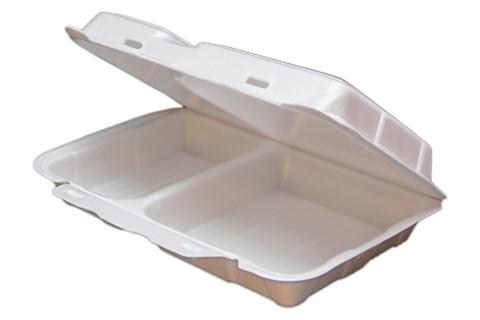 White non-vented double tab hinged foam takeout disposable container with 2 compartments