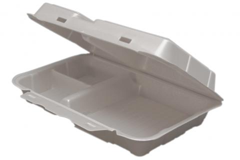 White vented hinged foam container with 3 compartments