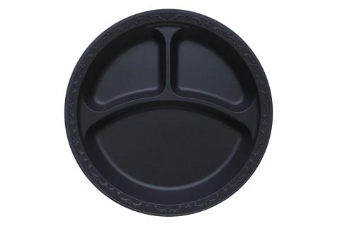 Black Polypropylene PP Plastic round 10 inches pebble box plate with 3 compartments