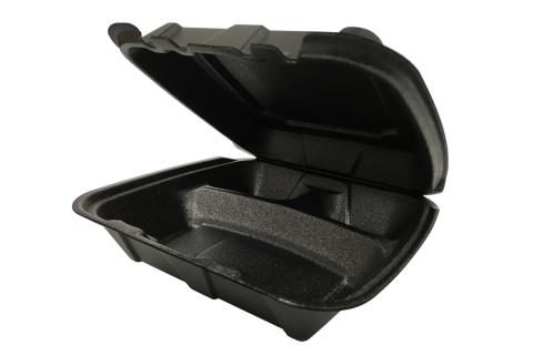 9 inches Regal brand black vented hinged foam takeout disposable container with 3 compartments