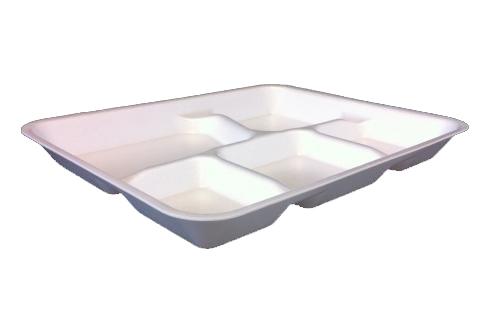 White foam school lunch tray with 5 compartments